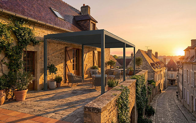 Pergola bioclimatique grande dimension, esprit pièce extérieure premium
